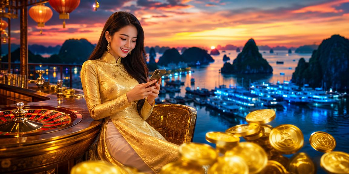 Cảnh vịnh Hạ Long với bàn roulette và áo dài truyền thống Việt Nam