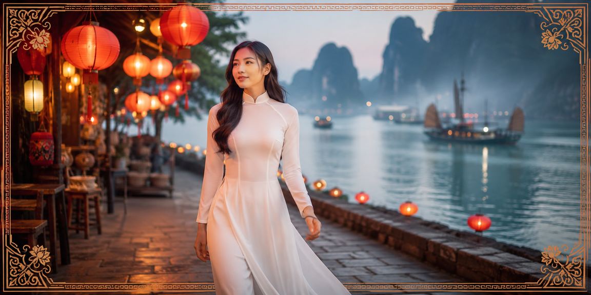 Phụ nữ áo dài chơi slot game với phong cảnh Vịnh Hạ Long phía sau